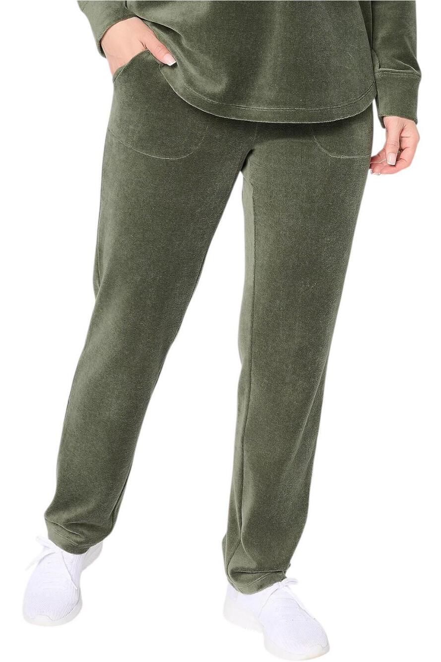 Denim & Co. Active Women's Velour Straight Leg Pant Dark Olive - Petite